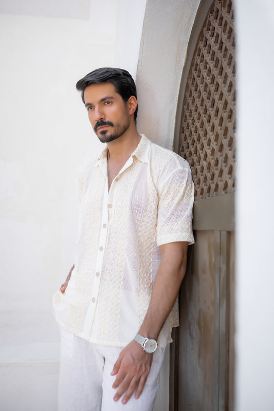 Men’s Ivory Crochet Shirt with Linen Embroidery