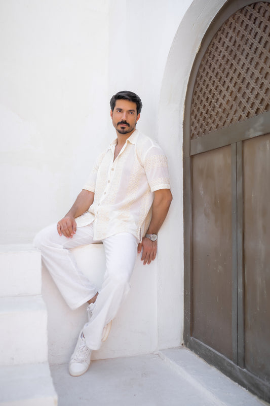 Men’s Ivory Crochet Shirt with Linen Embroidery