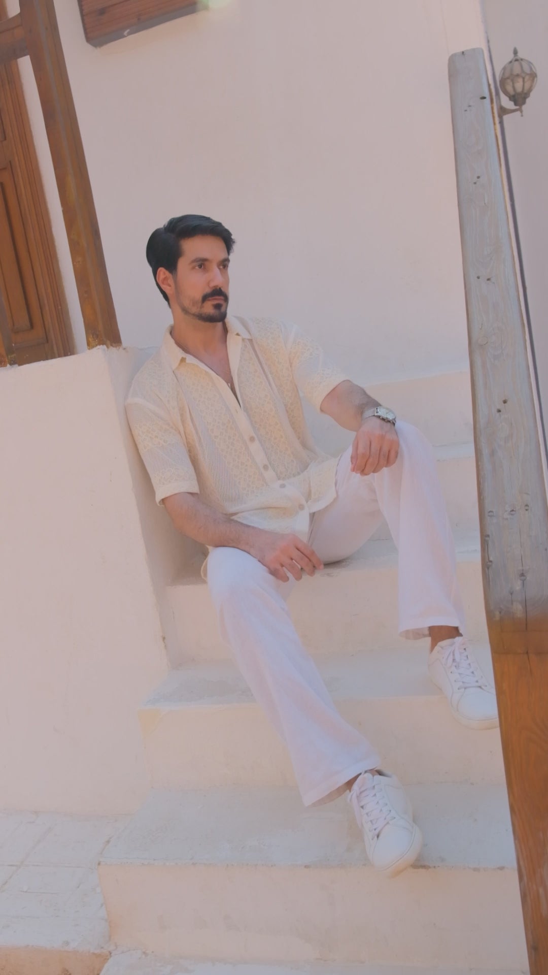 Men’s Ivory Crochet Shirt with Linen Embroidery